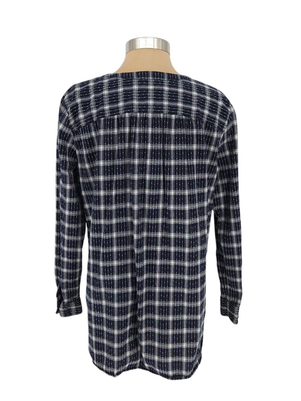 Ann Taylor LOFT Tunic Top Navy Plaid Long Sleeve Button Henley Shirt XL - Picture 5 of 7